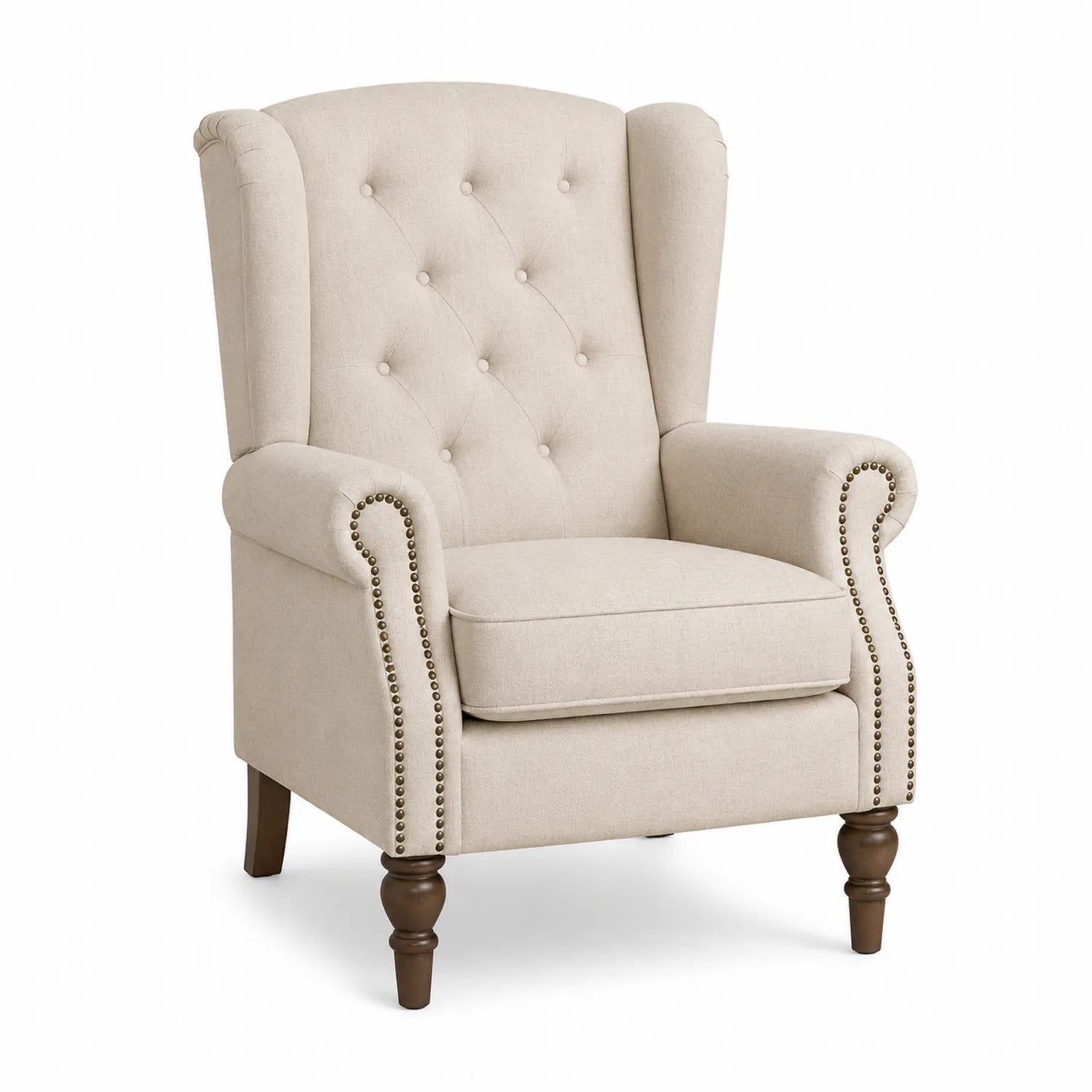 Leinen Ohrensessel mit Holzbeinen Beige