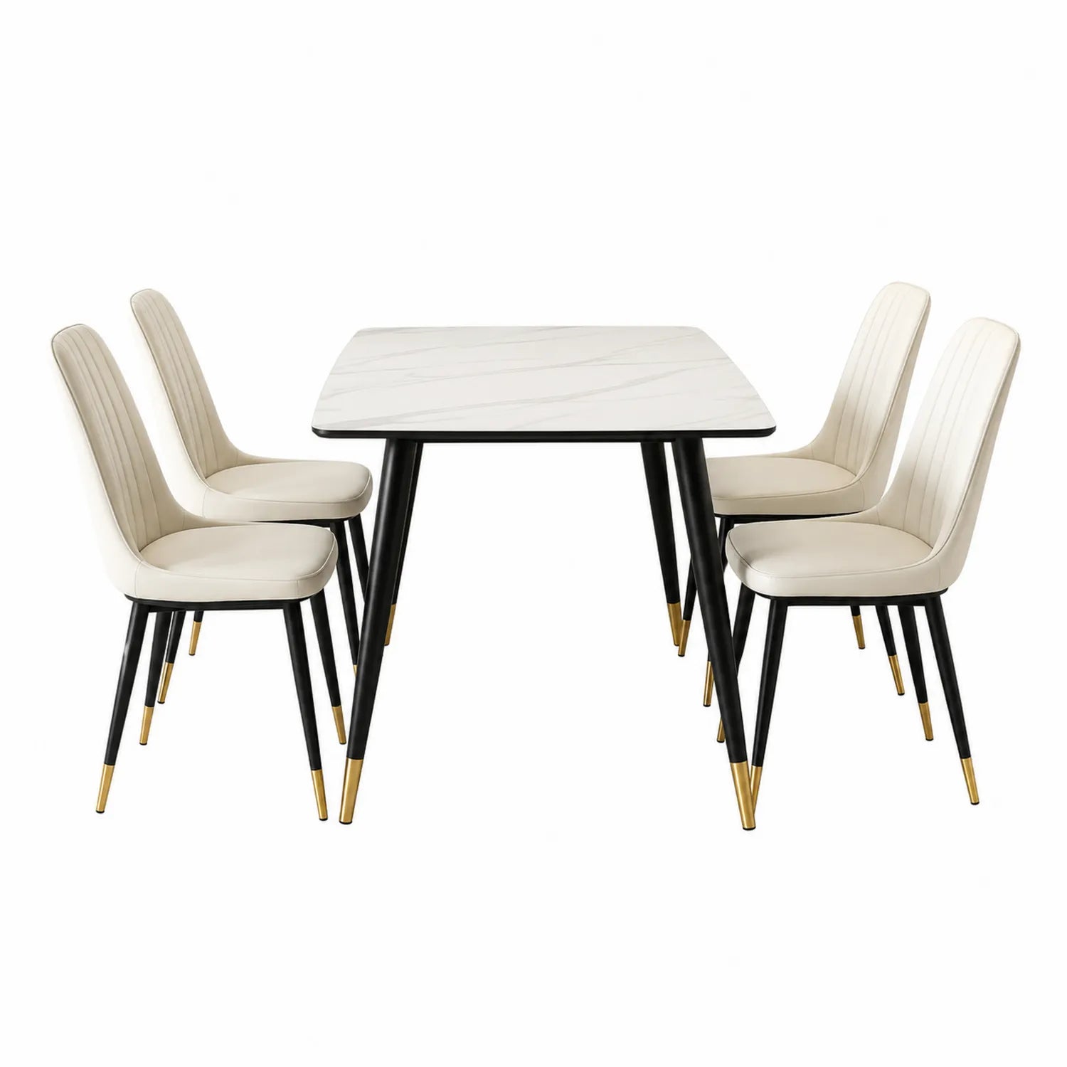 Esszimmertisch-Set Marmoroptik Metallbeine Weiß/Schwarz mit 4 Stühlen