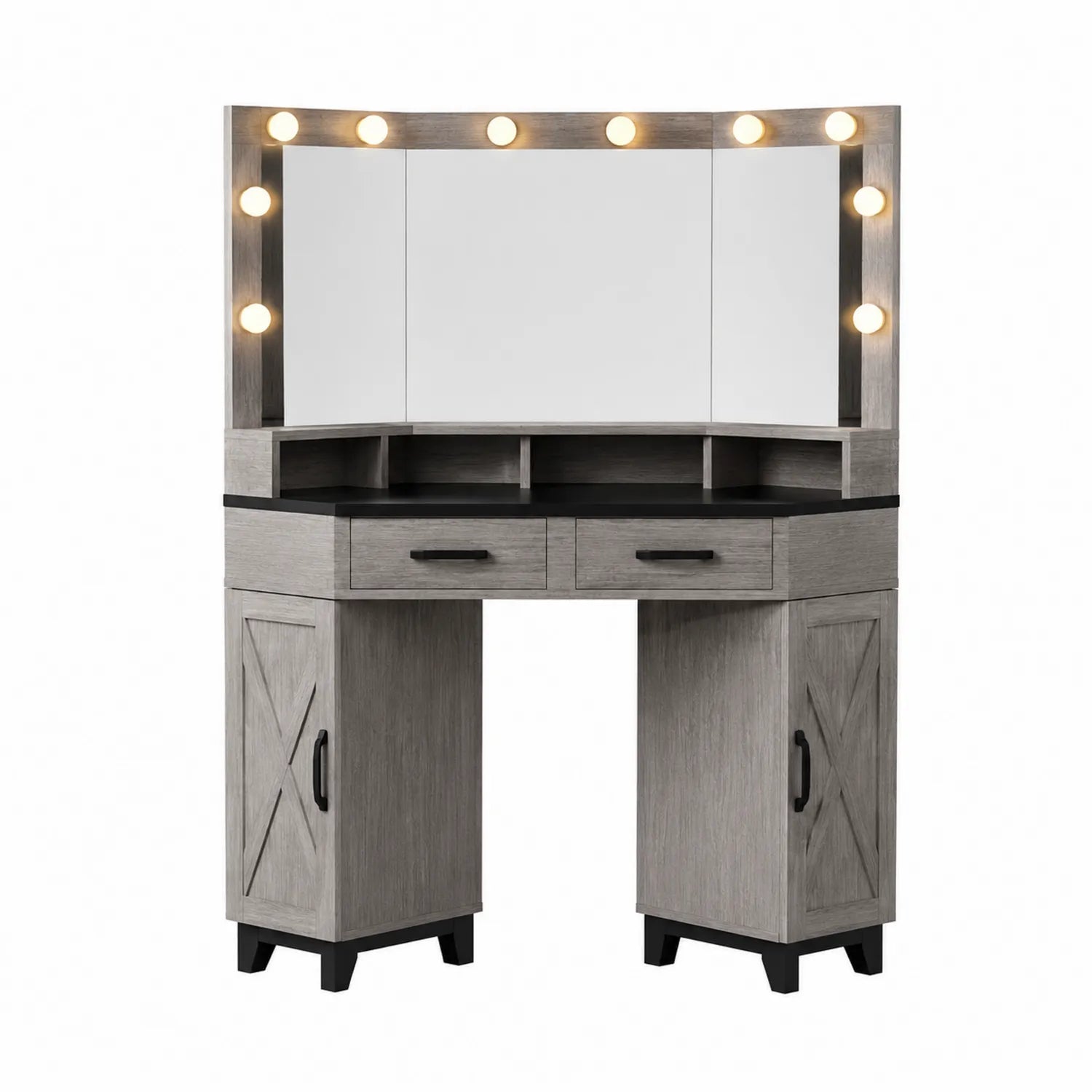 Eckschminktisch mit Spiegel und LED-Beleuchtung Holz Grau