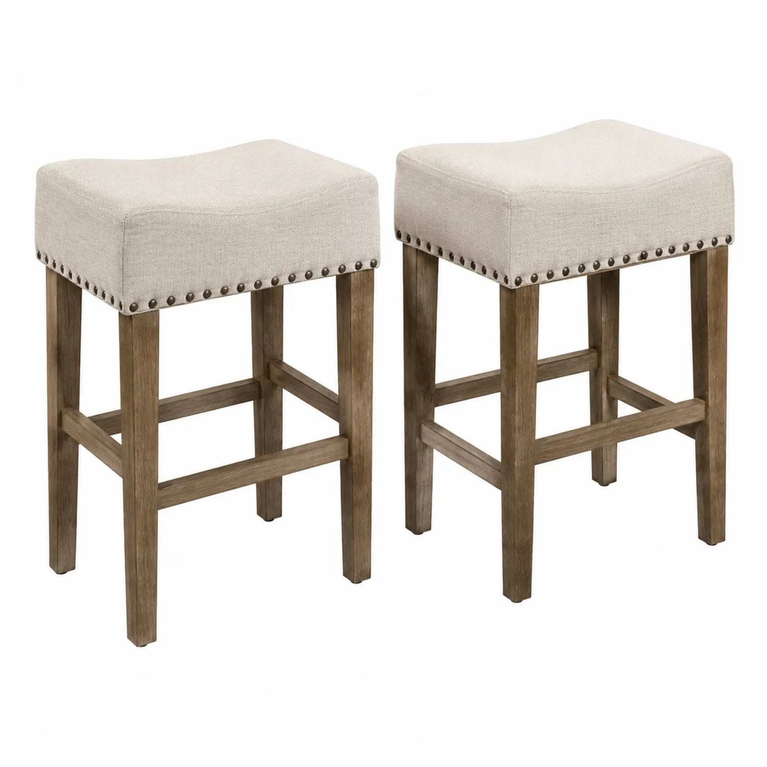 2er Set Barhocker Leinen Beige Eichenholz 65cm