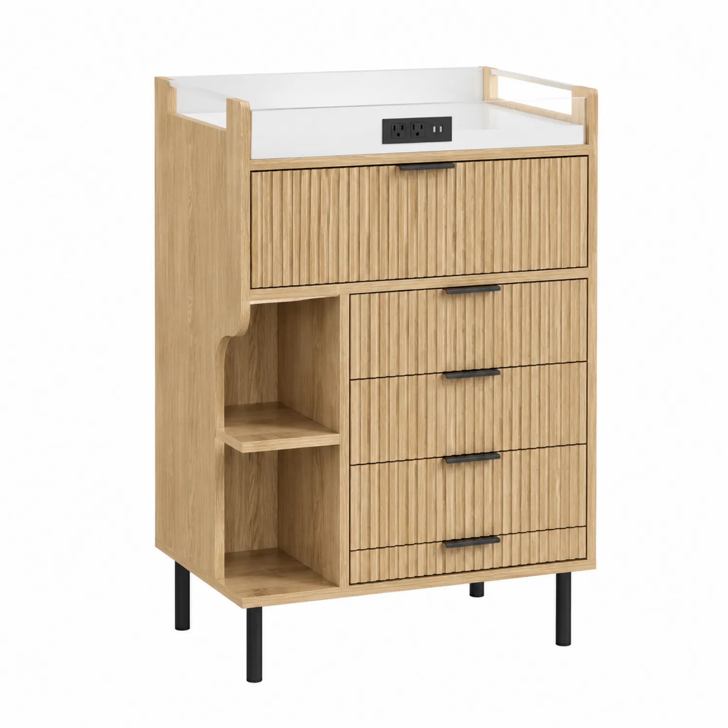 Kommode aus Holzfurnier Eiche mit Metallbeinen und Steckdose
