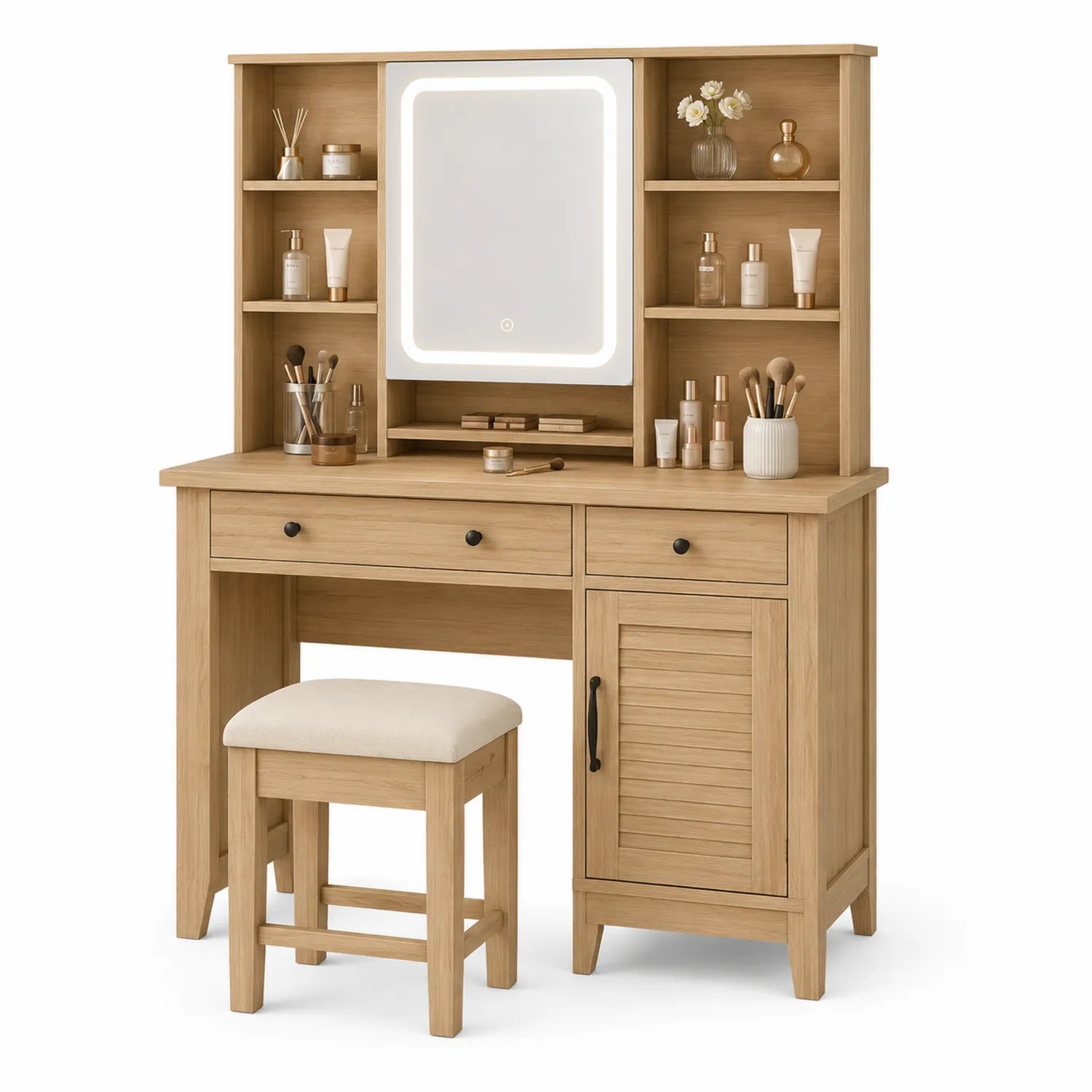 Schminktisch-Set aus Eichenholz mit LED-Spiegel und Hocker, 120x40x140 cm