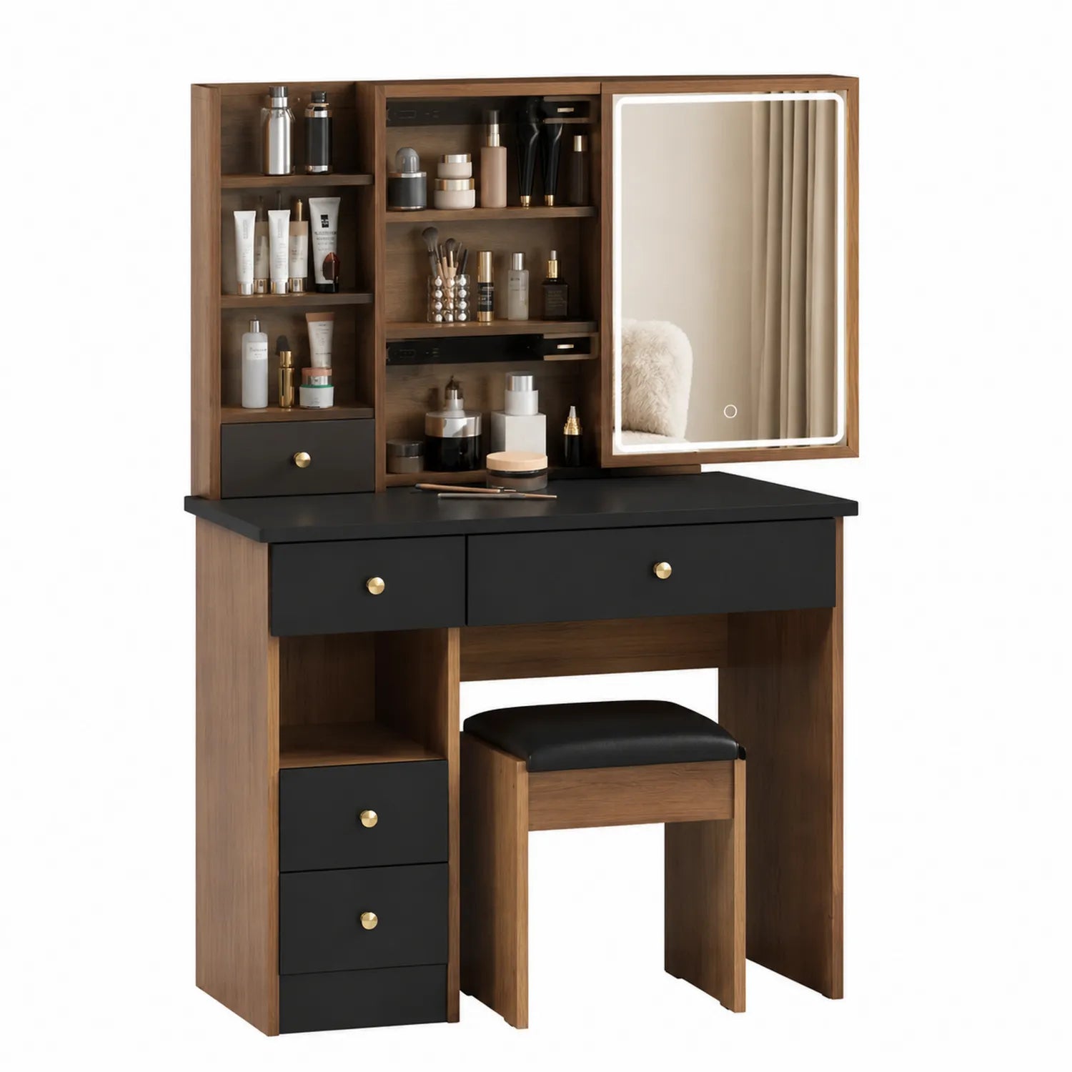 Schminktisch-Set mit Spiegel Holz Schwarz